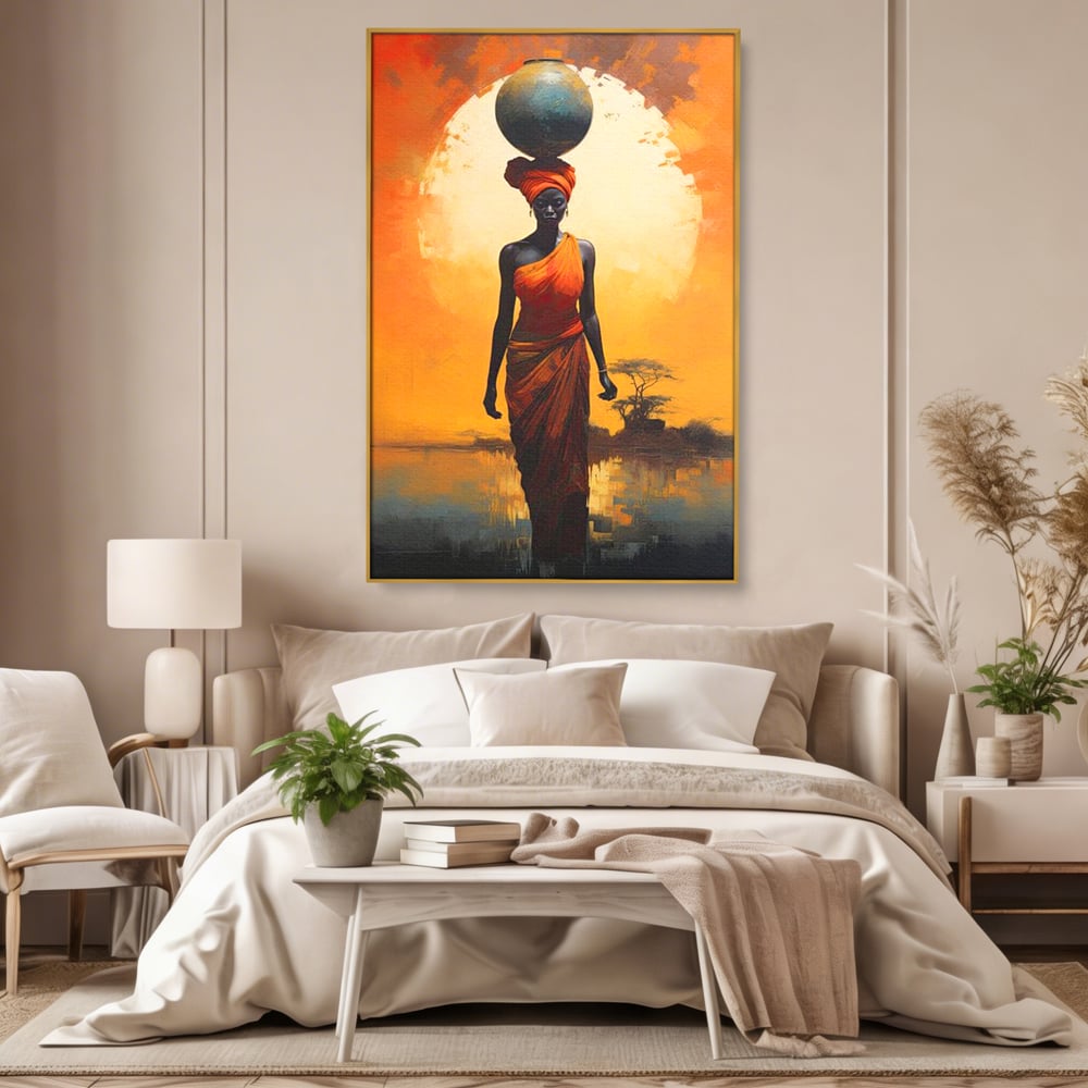 Tablou canvas cu tablou canvas cu femeie africana si ulcior, in rama de aluminiu auriu, pe perete intr-un dormitor